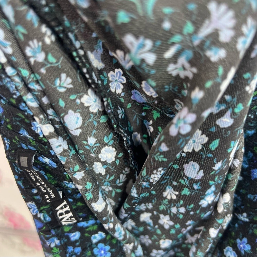 Zara long maxi flowers black Floral Blue Skirt green lace trim bottom hem - Picture 11 of 13